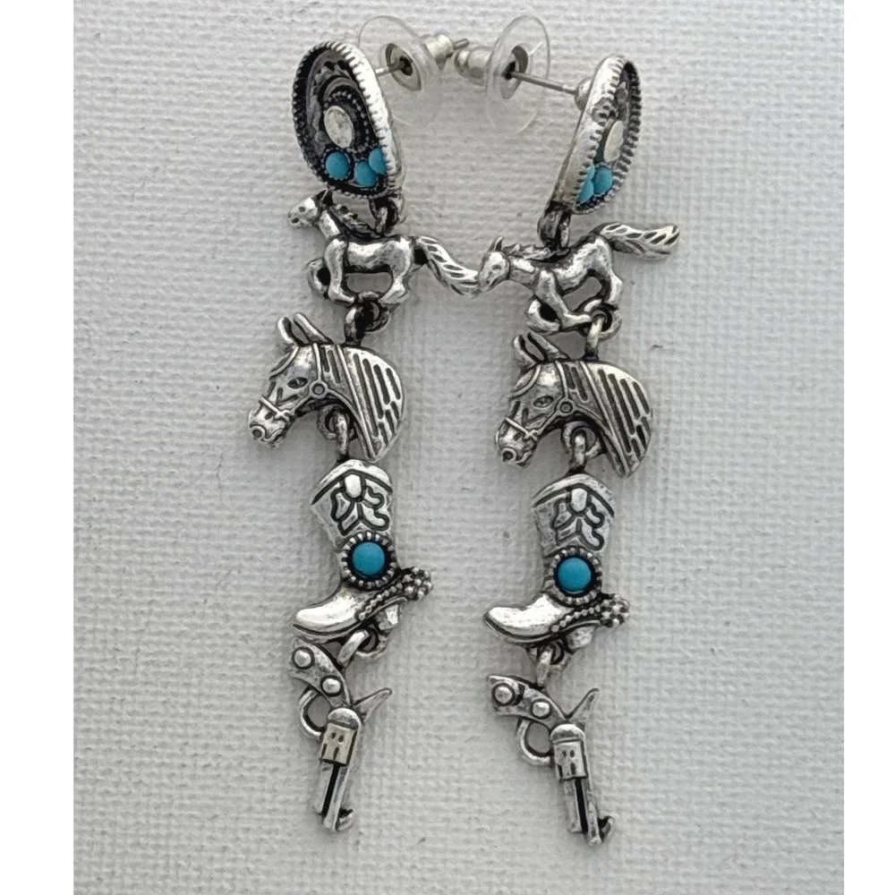 Earrings Silver Tone Turquoise Western Horse Boot Pistol Post Dangle New - Picture 2 of 4